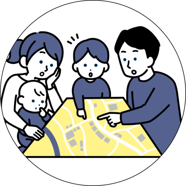 地図を指差す家族のイラスト